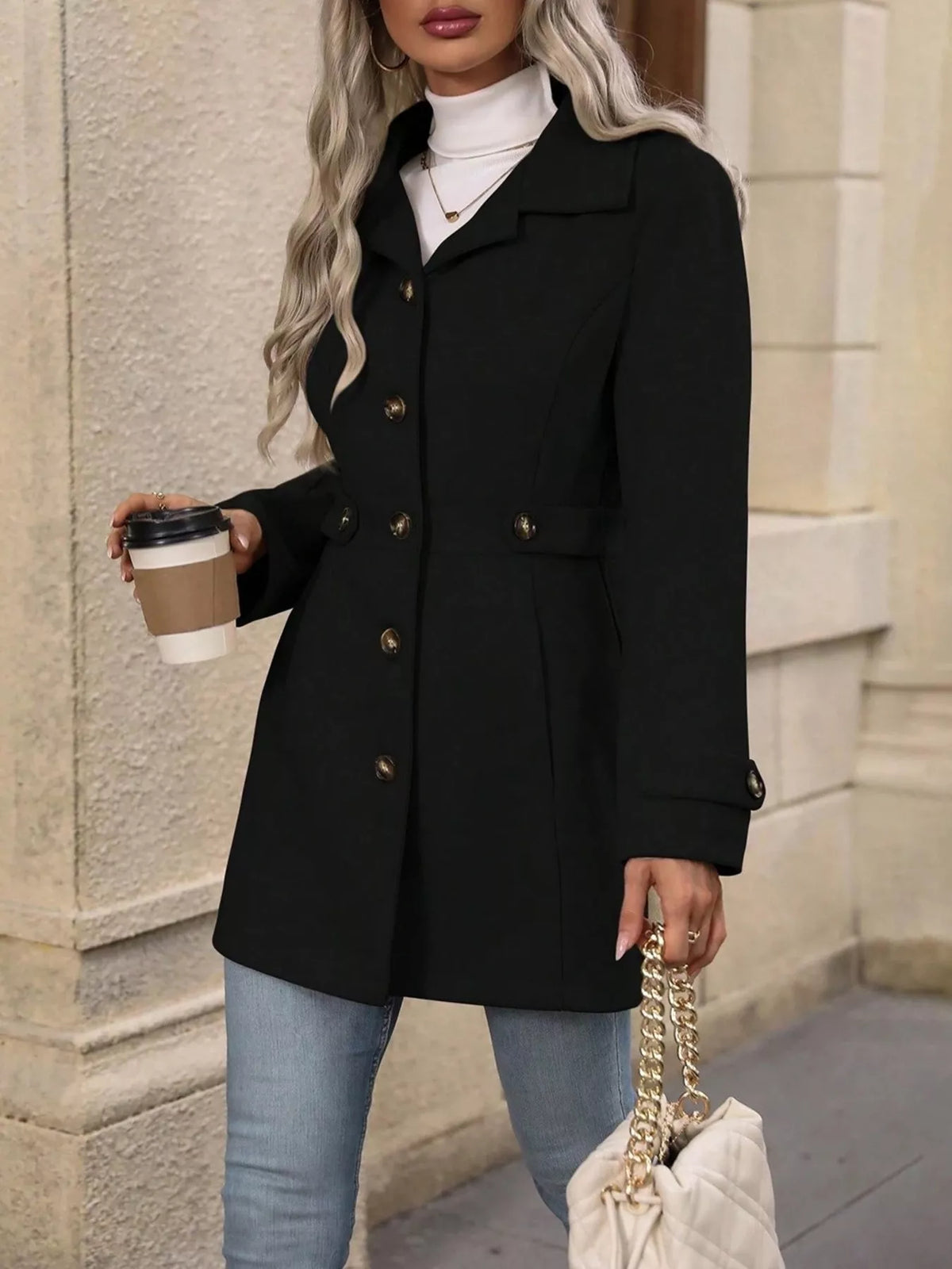 Single-Breasted Long Sleeve Coat - Black - View 3