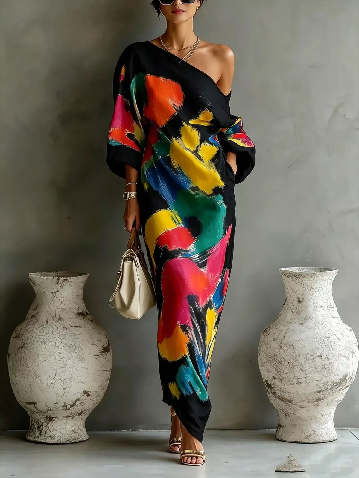 Full Size One-Shoulder Abstract Print Loose Fit Maxi Dress Plus Size - Black - Original supplier view 8