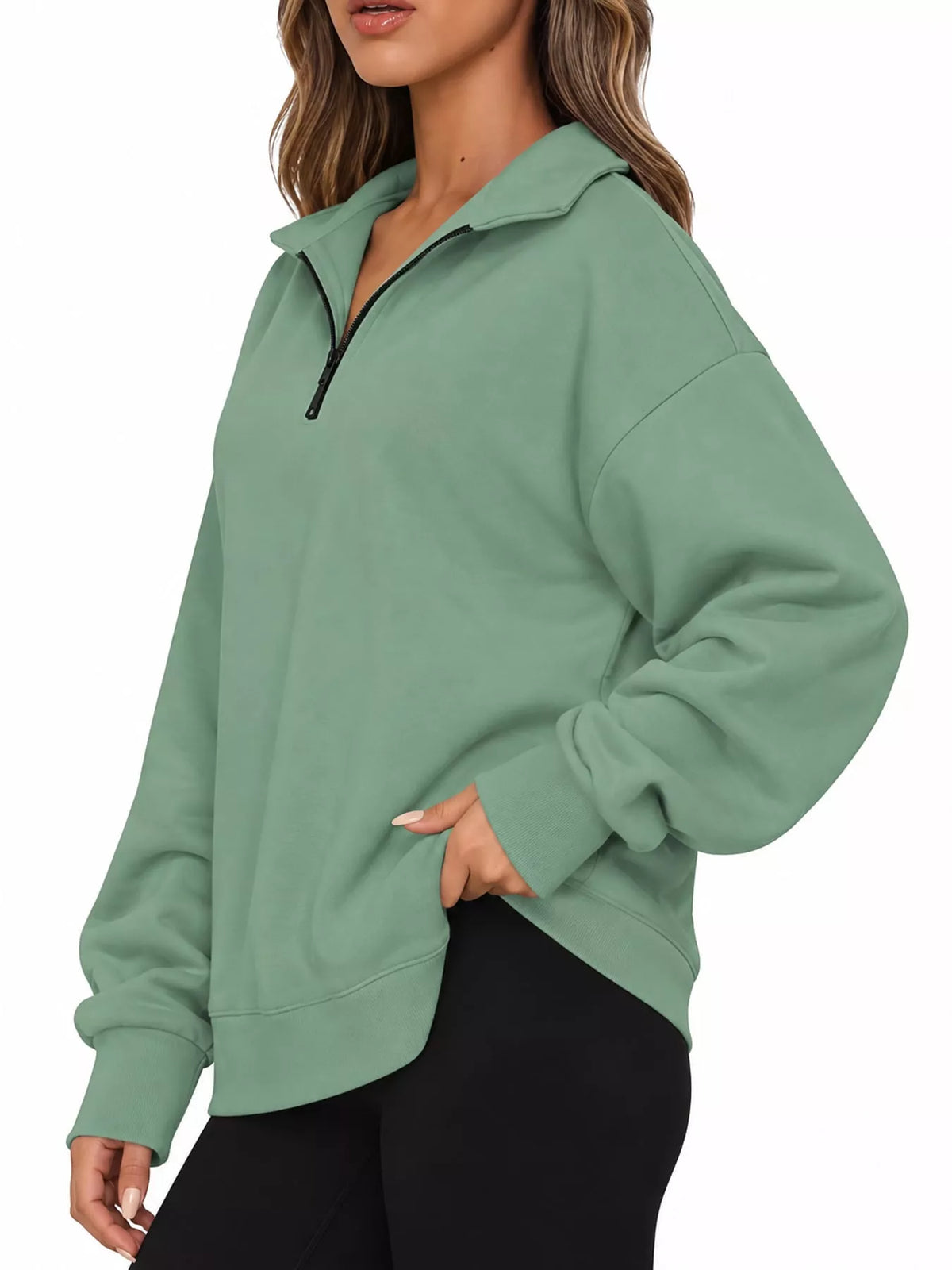 Full Size Quarter-Zip Dropped Shoulder Sweatshirt Plus Size - Light Green - View 16