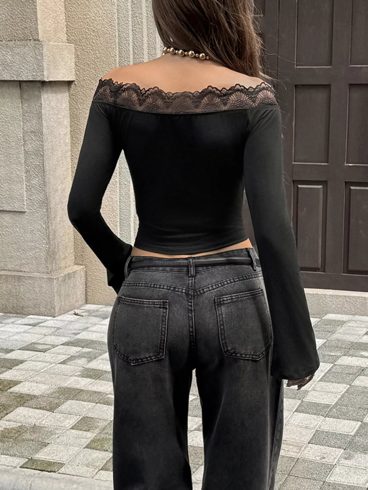 Off-Shoulder Lace Trim Long Sleeve T-Shirt - Black - View 5