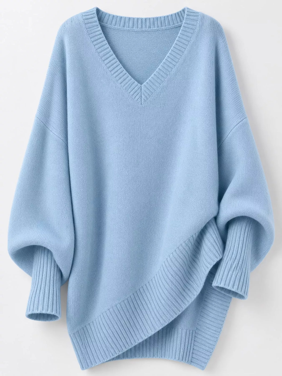Full Size V-Neck Oversized Batwing Sleeve Sweater Plus Size - Light Blue - View 10