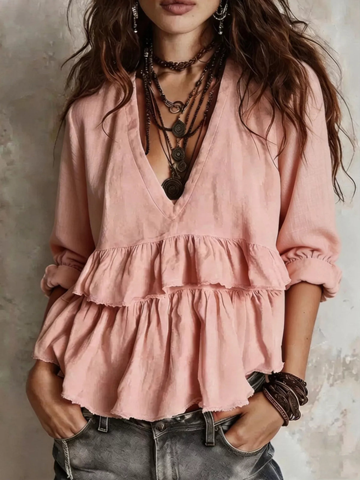 Full Size Ruffled Hem V-Neck Blouse Plus Size - Pink - View 1