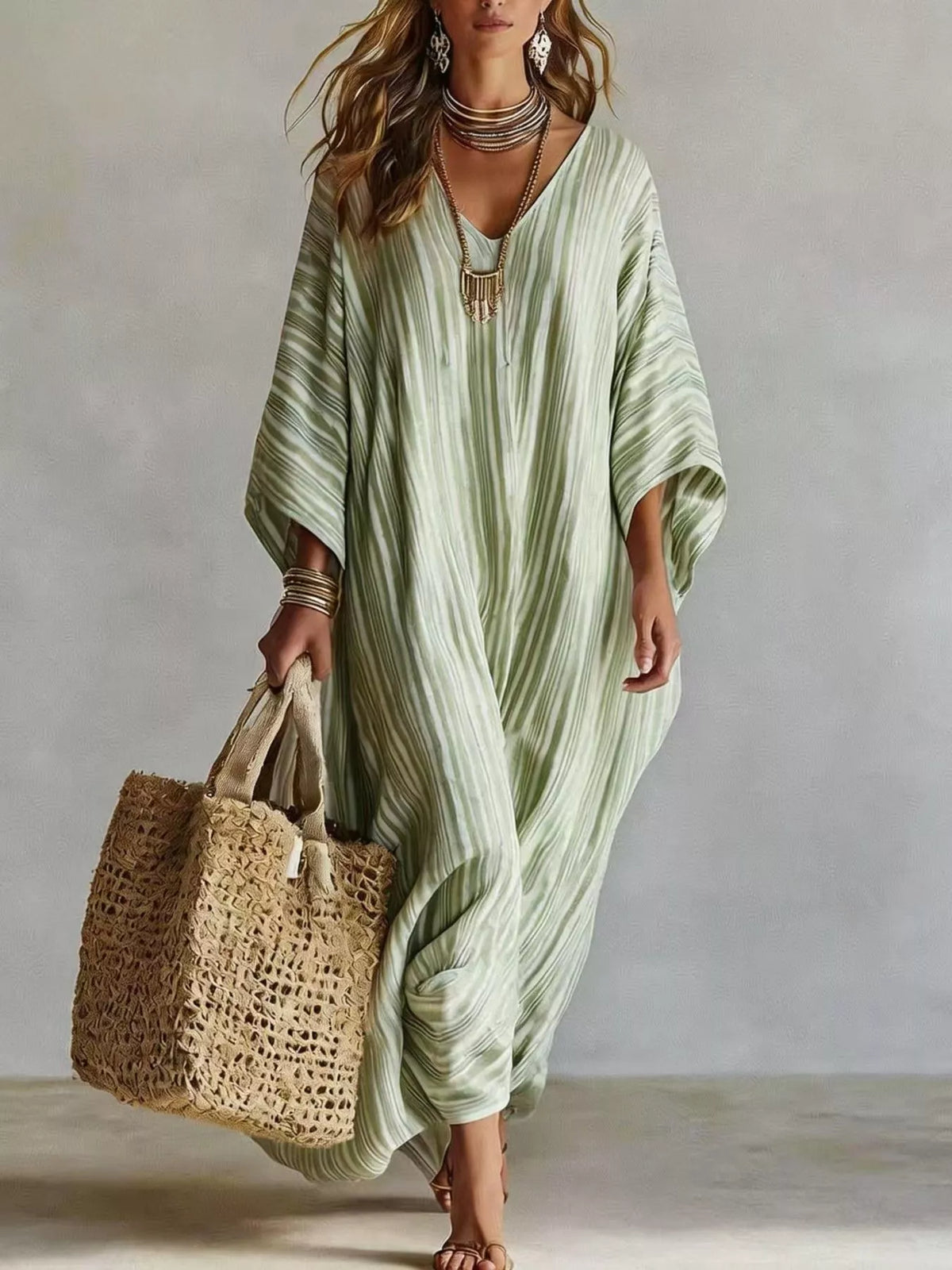 Striped V-Neck Maxi Dress - Light Green - View 1