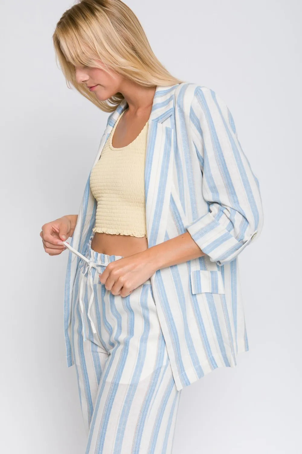 Love Tree Linen Woven Striped Blazer - Blue - View 2