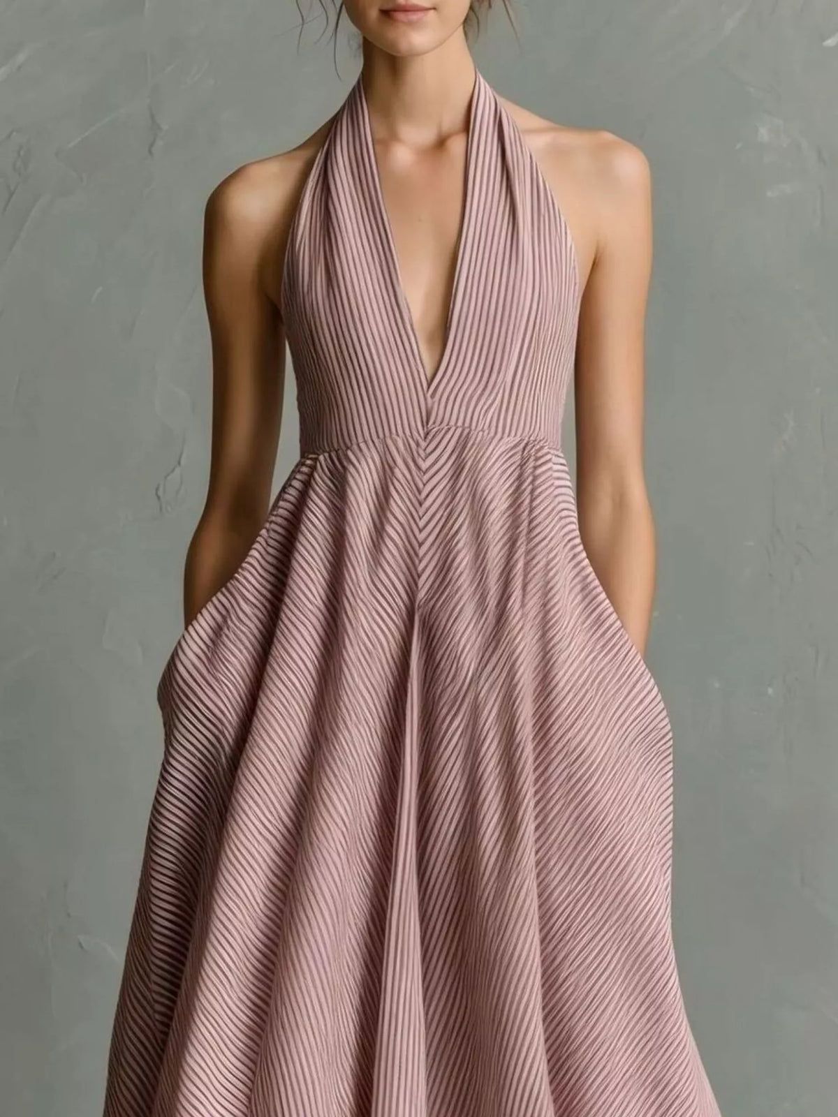 Full Size Striped Halter Neck Maxi Dress with Pockets Plus Size - Dusty Pink - View 1