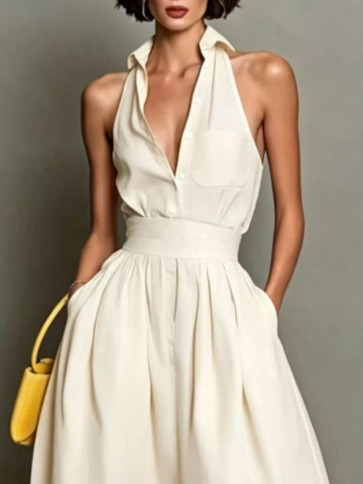 Sleeveless Collared A-Line Midi Dress - White - View 2