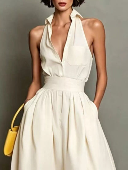 Sleeveless Collared A-Line Midi Dress - White - View 2