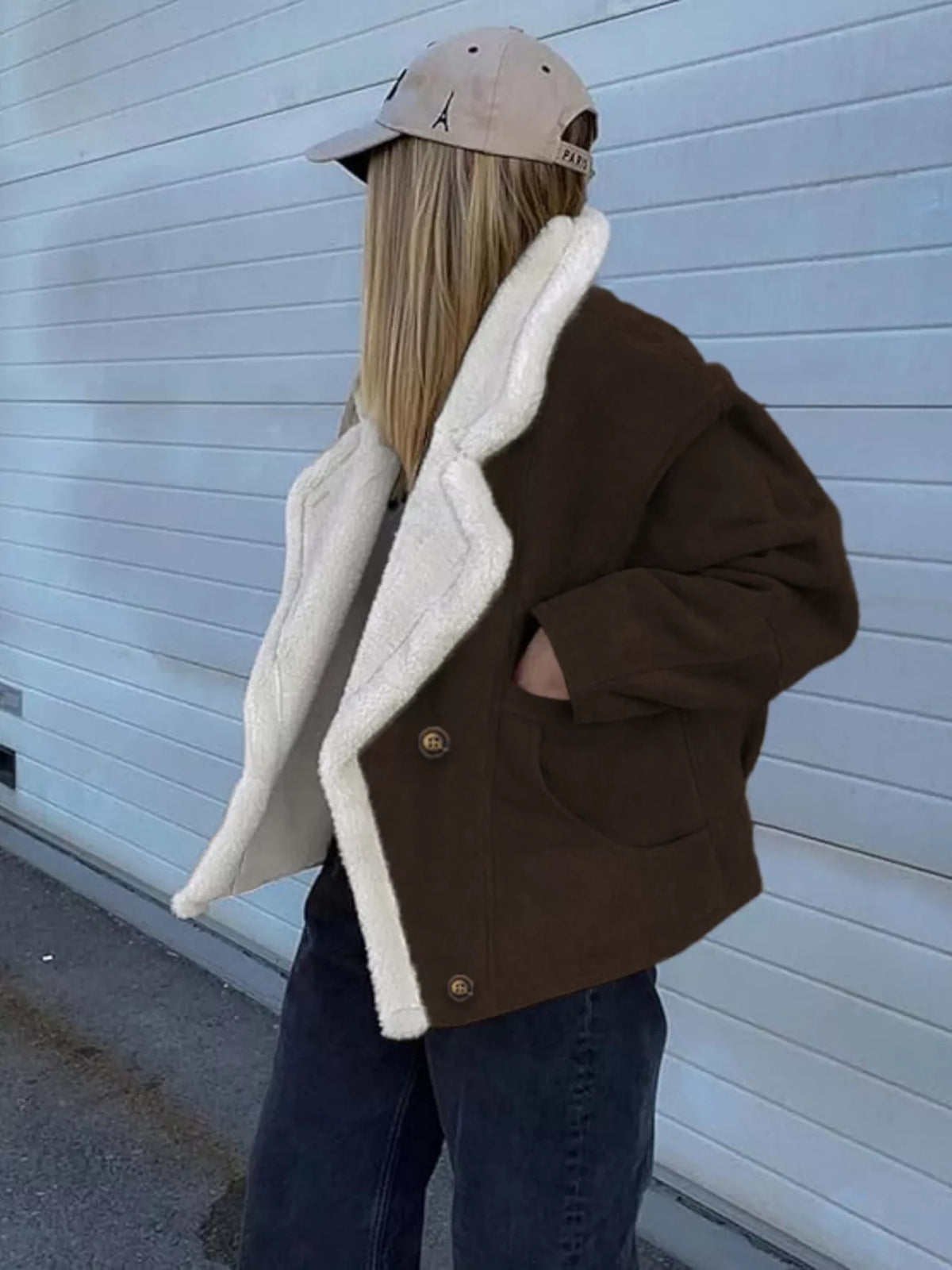Plush Lined Dropped Shoulder Outerwear - Chocolate - View 2
