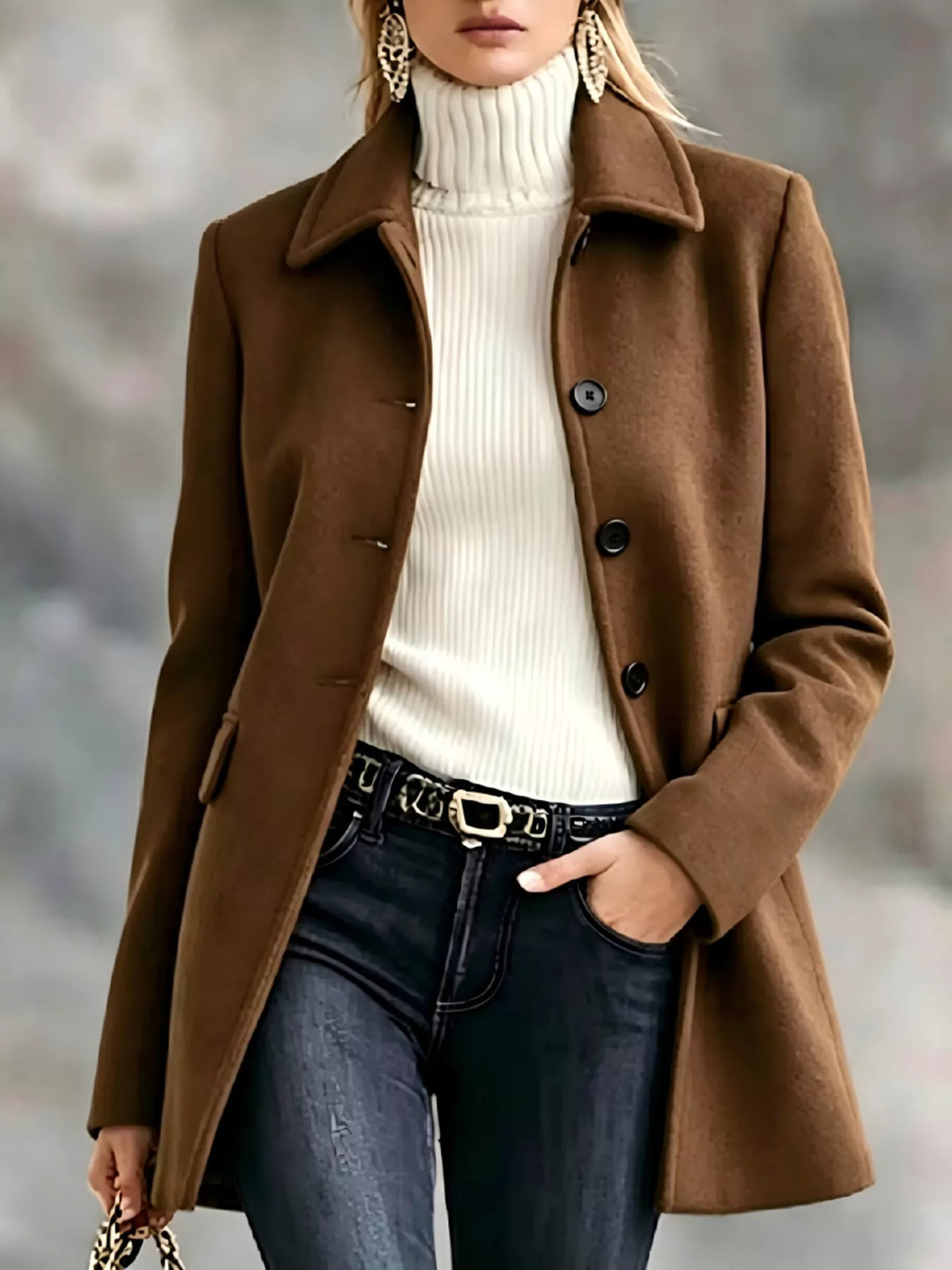Button Up Collared Neck Coat - Dark Brown - View 9