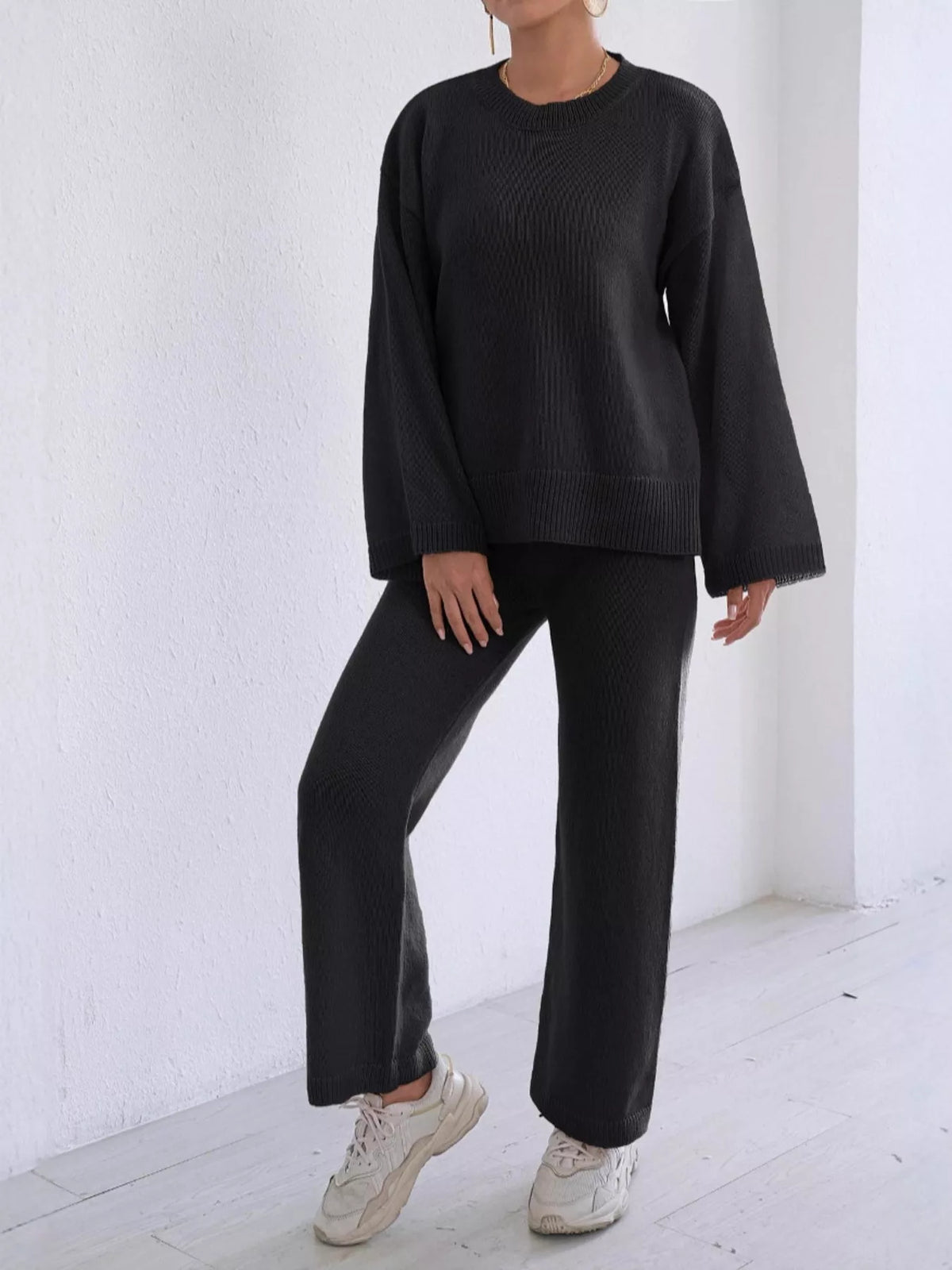 Dropped Shoulder Top and Pants Sweater Set - Black Suit - View 2