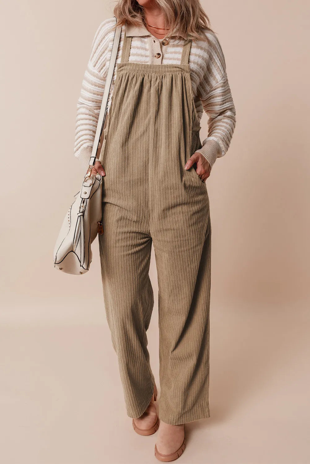 Square Neck Wide Strap Overalls - Camel - View 1