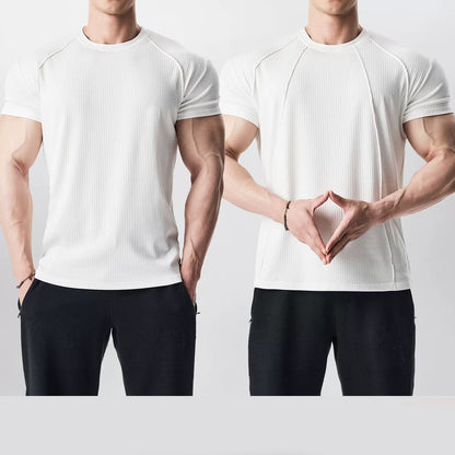 Custom Striped Panel Short Sleeve T-Shirt for Men, Sporty Casual Fitness Training Round Neck Solid Color Base Layer Clothing