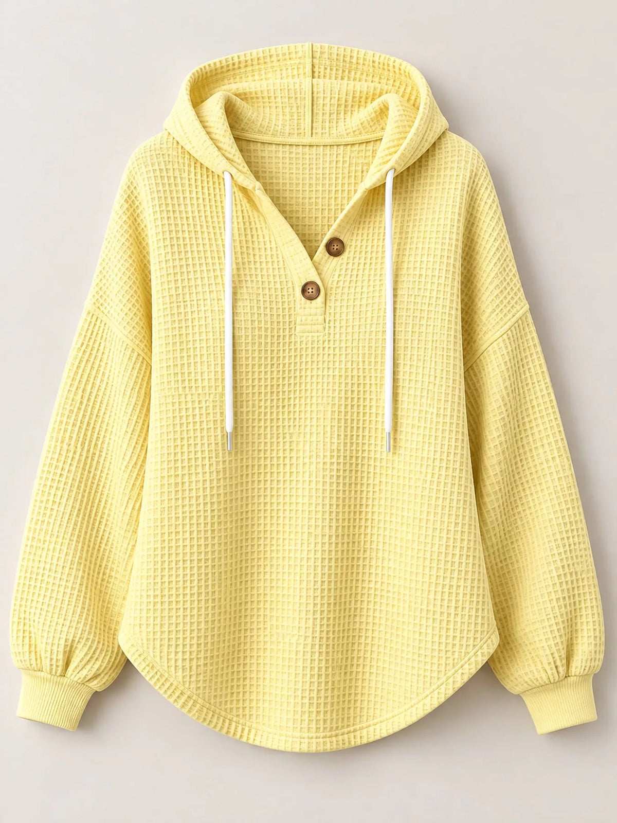 Full Size Waffle Knit Button Detail Hoodie Plus Size - Yellow - View 13