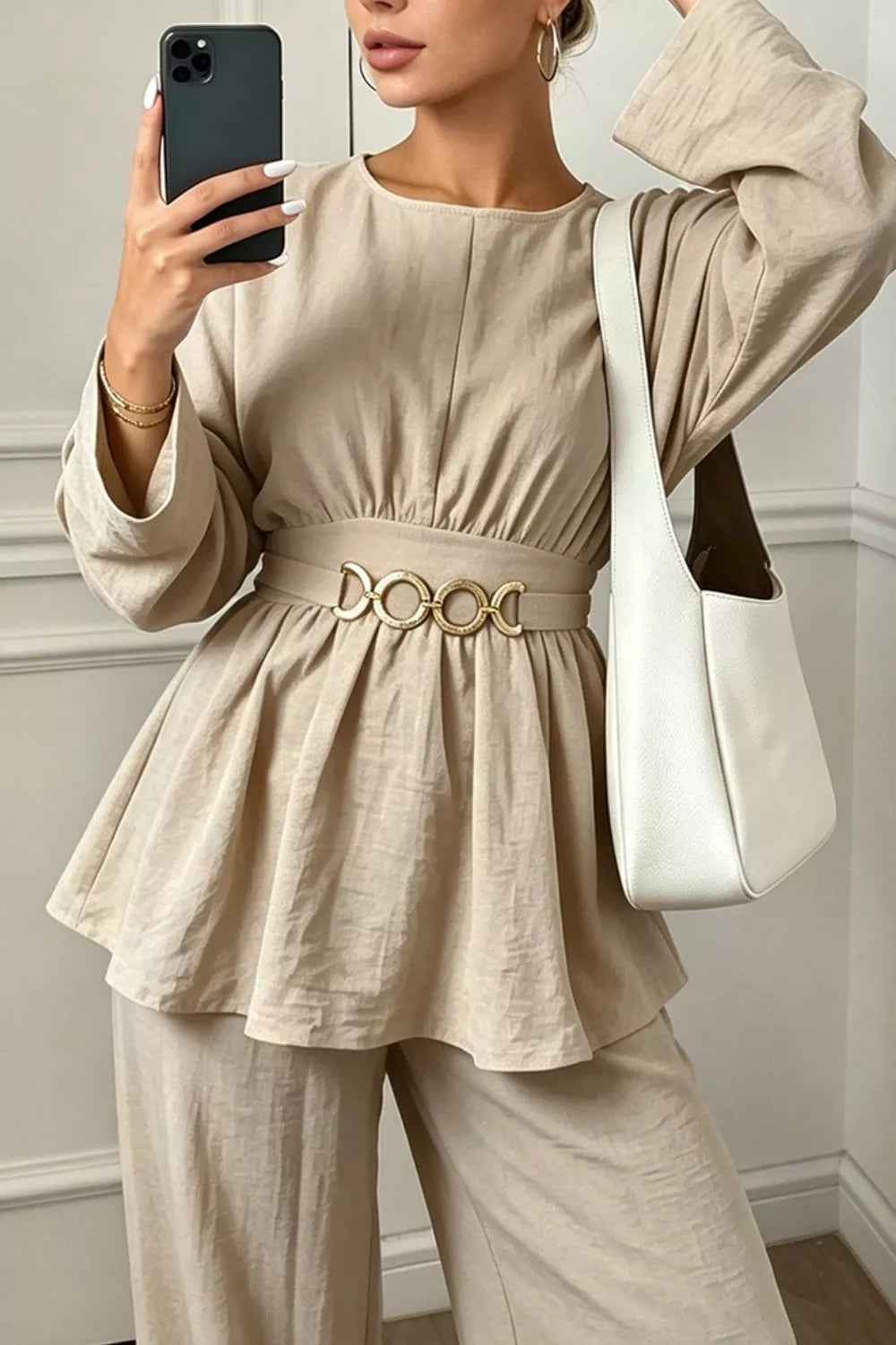 Metal Chain Waist Detail Top and Pants Set - All Colors - View 3