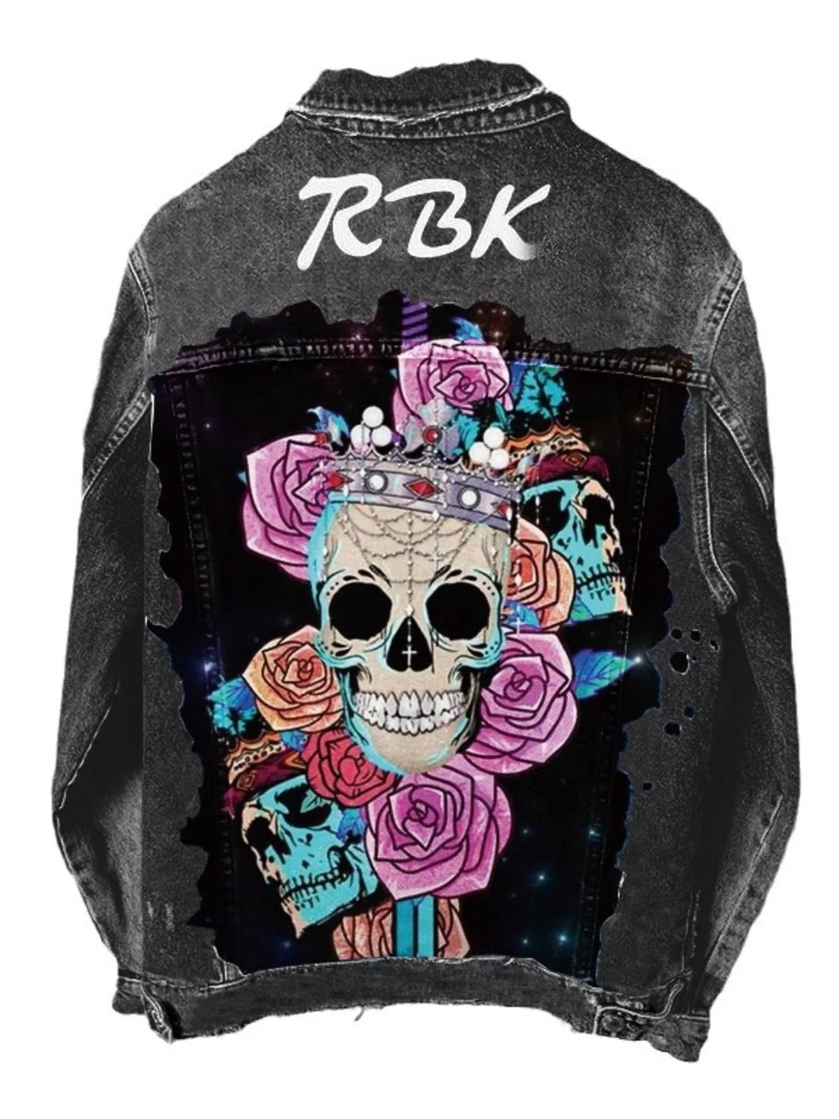 Full Size Skull and Rose Graphic Denim Jacket Plus Size - Black - View 1