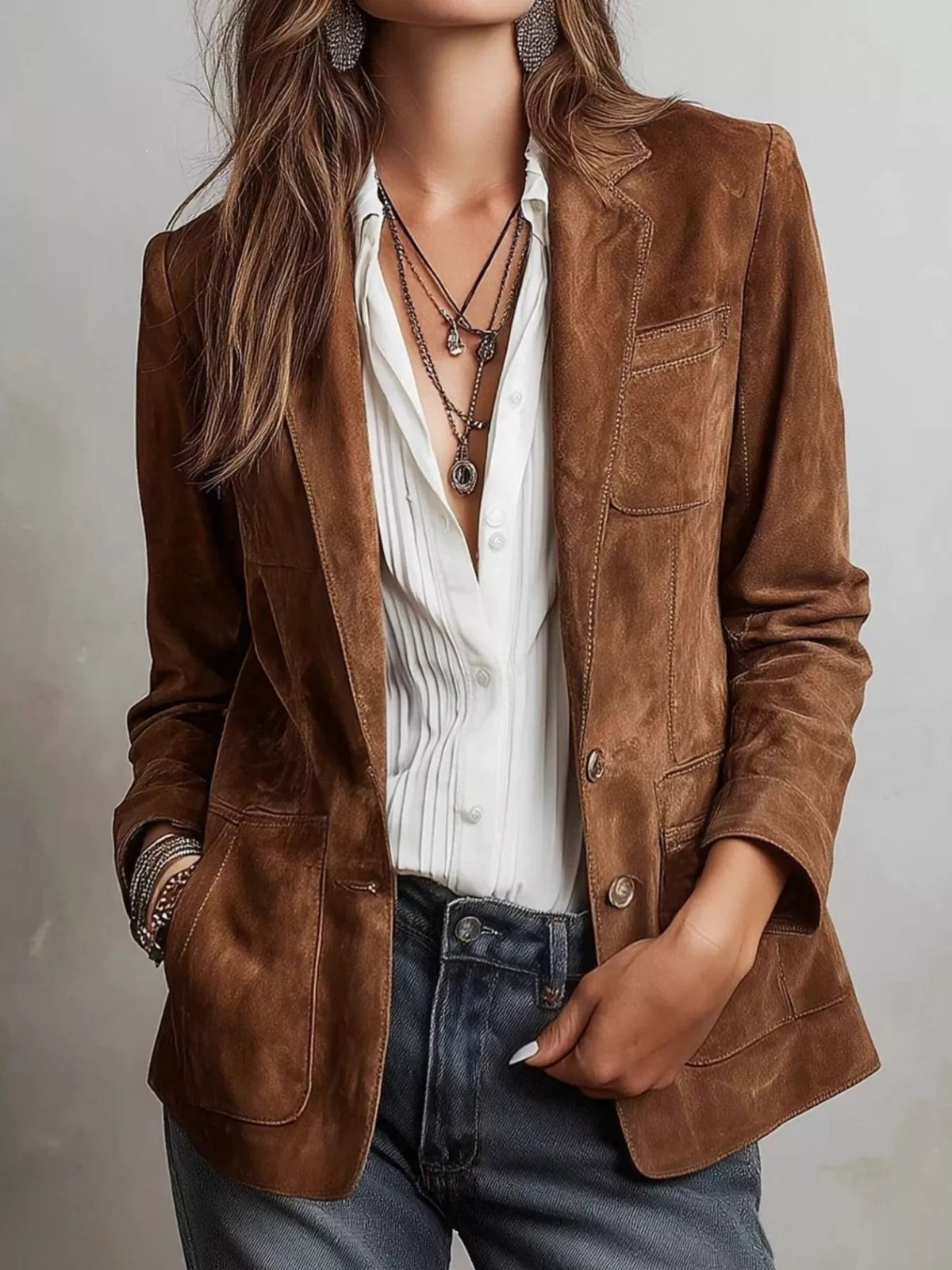 Full Size Lapel Collar Button Up Blazer Plus Size - Caramel - View 3