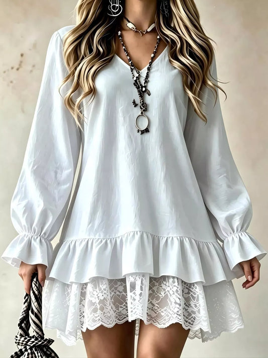 Lace Hem V-Neck Flounce Sleeve Dress - White - View 1