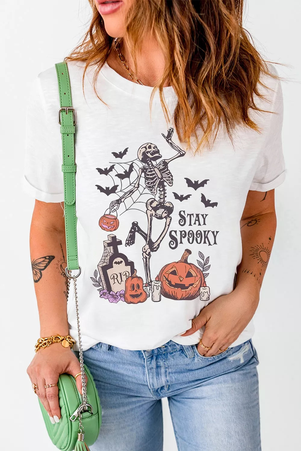 Full Size Skull Pumpkin Face STAY SPOOKY Graphic Halloween T Shirt Plus Size - White - View 1