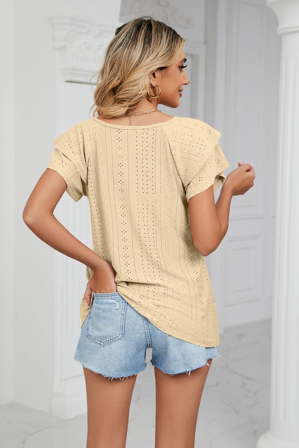 Eyelet Layered Flutter Sleeve V-Neck Knit Top - Light Yellow - View 12