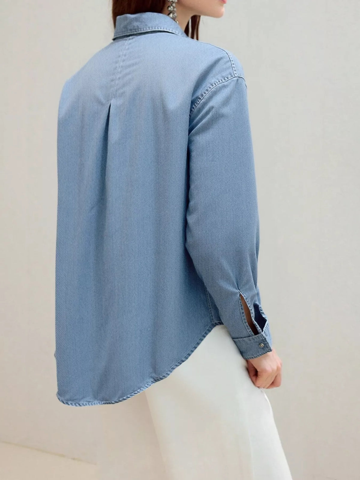 Full Size Button-Up Long Sleeve Denim Shirt Plus Size - Blue - View 4