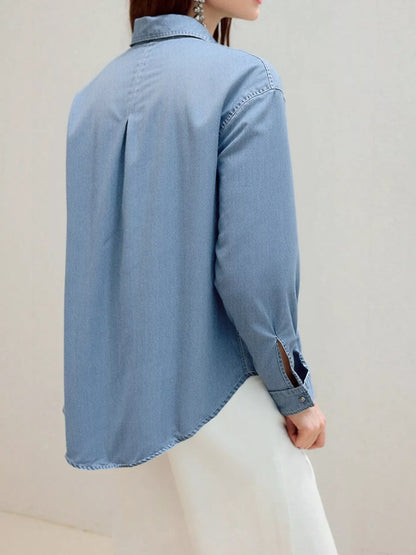 Full Size Button-Up Long Sleeve Denim Shirt Plus Size - Blue - View 4