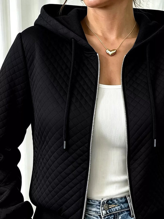 Hooded Zip-Up Texture Jacket - Black - View 2
