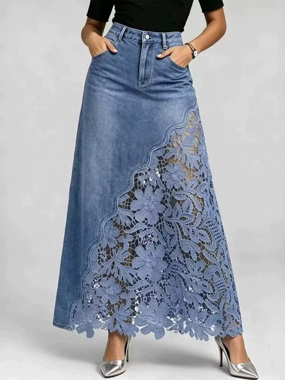 Full Size High-Waisted Lace Denim Skirt Plus Size - Light Blue - View 7