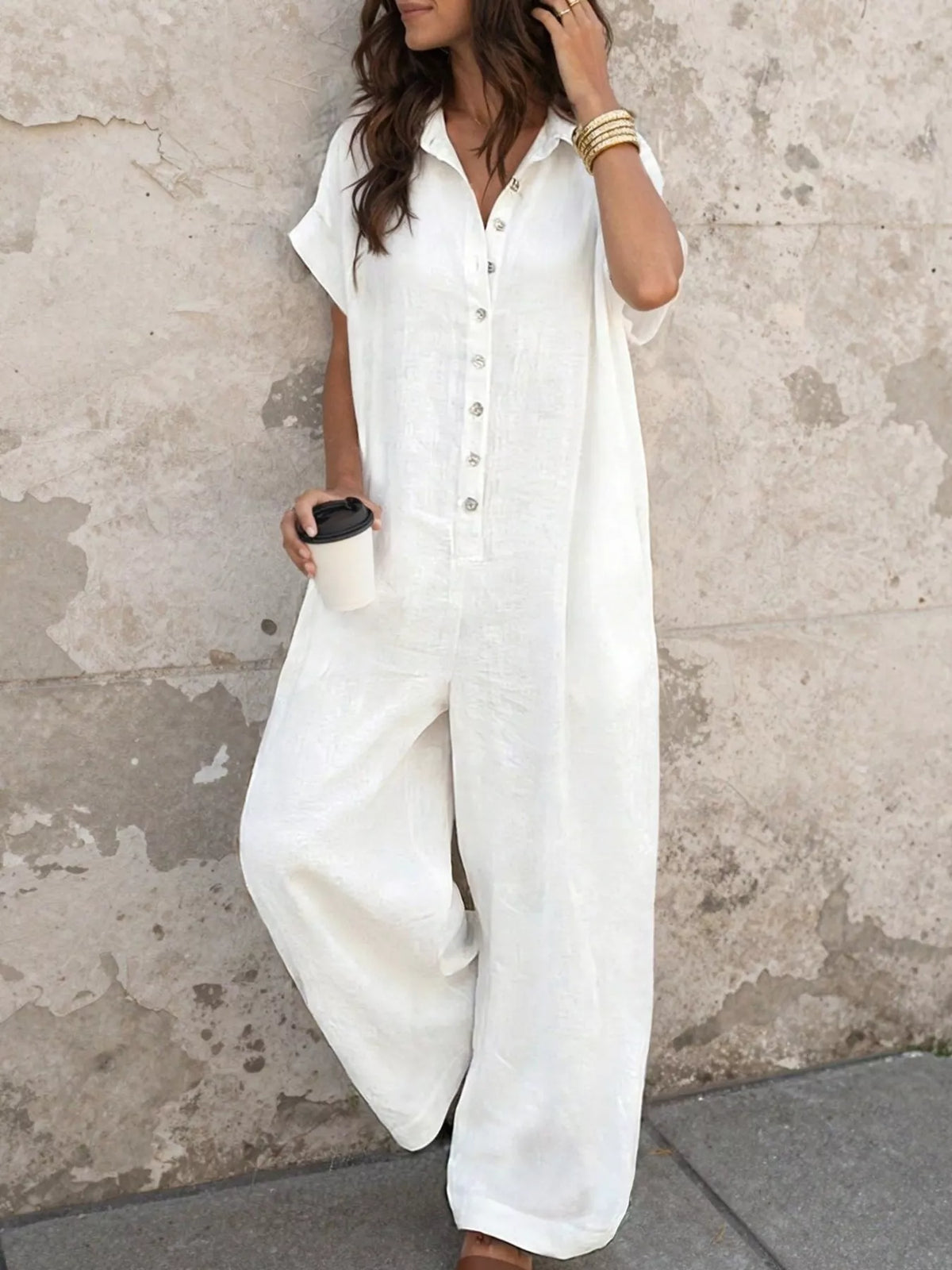 Button Front Short Sleeve Jumpsuit - White - View 1
