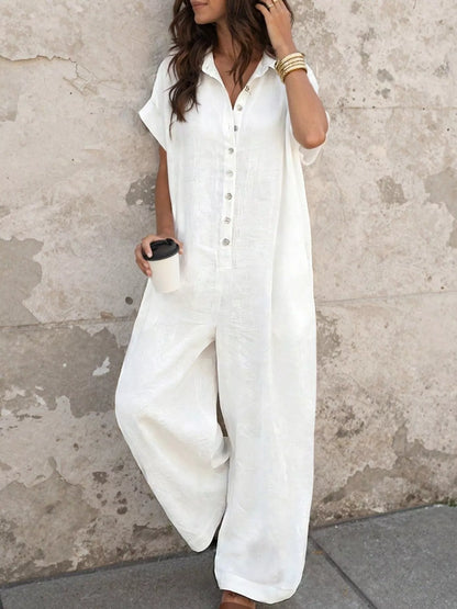 Button Front Short Sleeve Jumpsuit - White - View 1