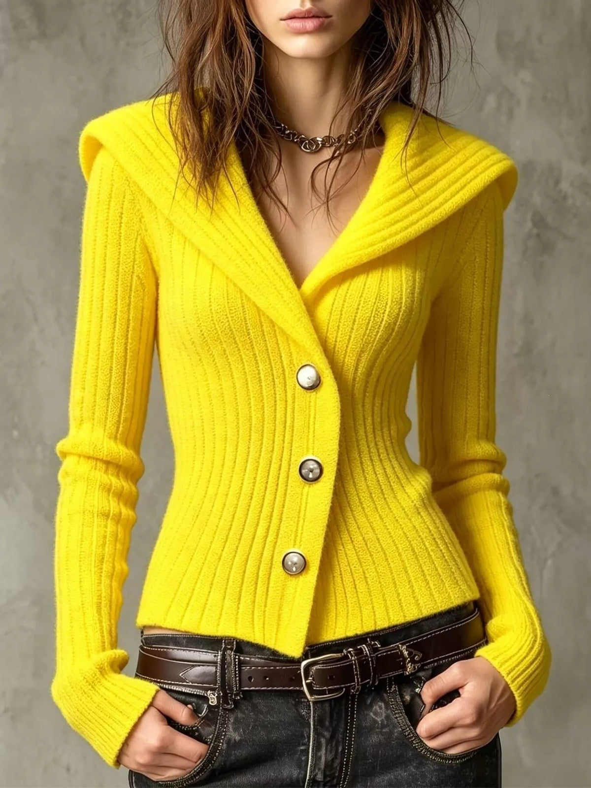Full Size Ribbed Knit Button-Down Front Cardigan Plus Size - Canary Yellow - View 1