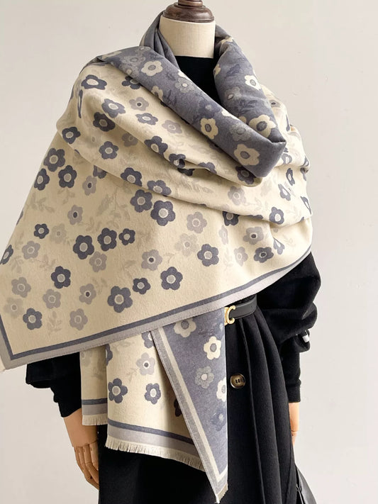 Floral Print Warm Winter Scarf - Blue - View 1