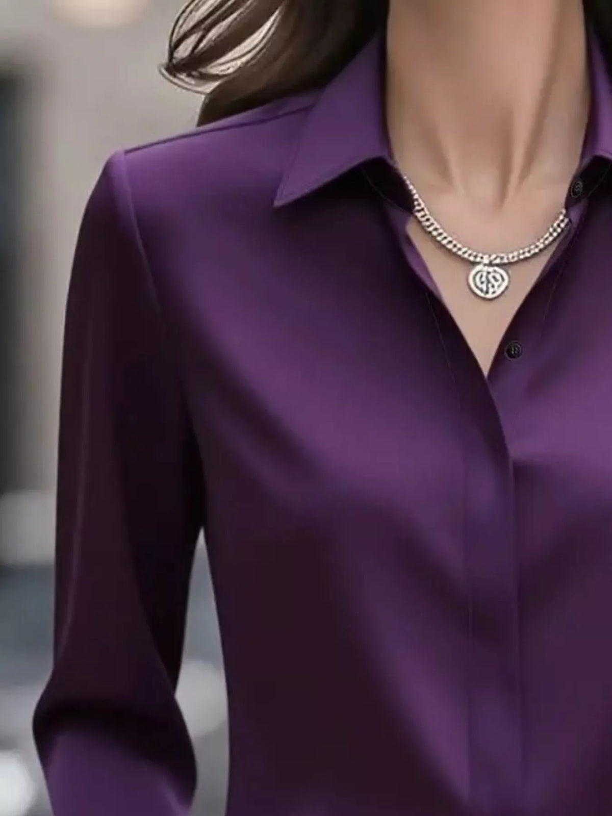 Button Down Collared Neck Long Sleeve Shirt - Purple - View 17