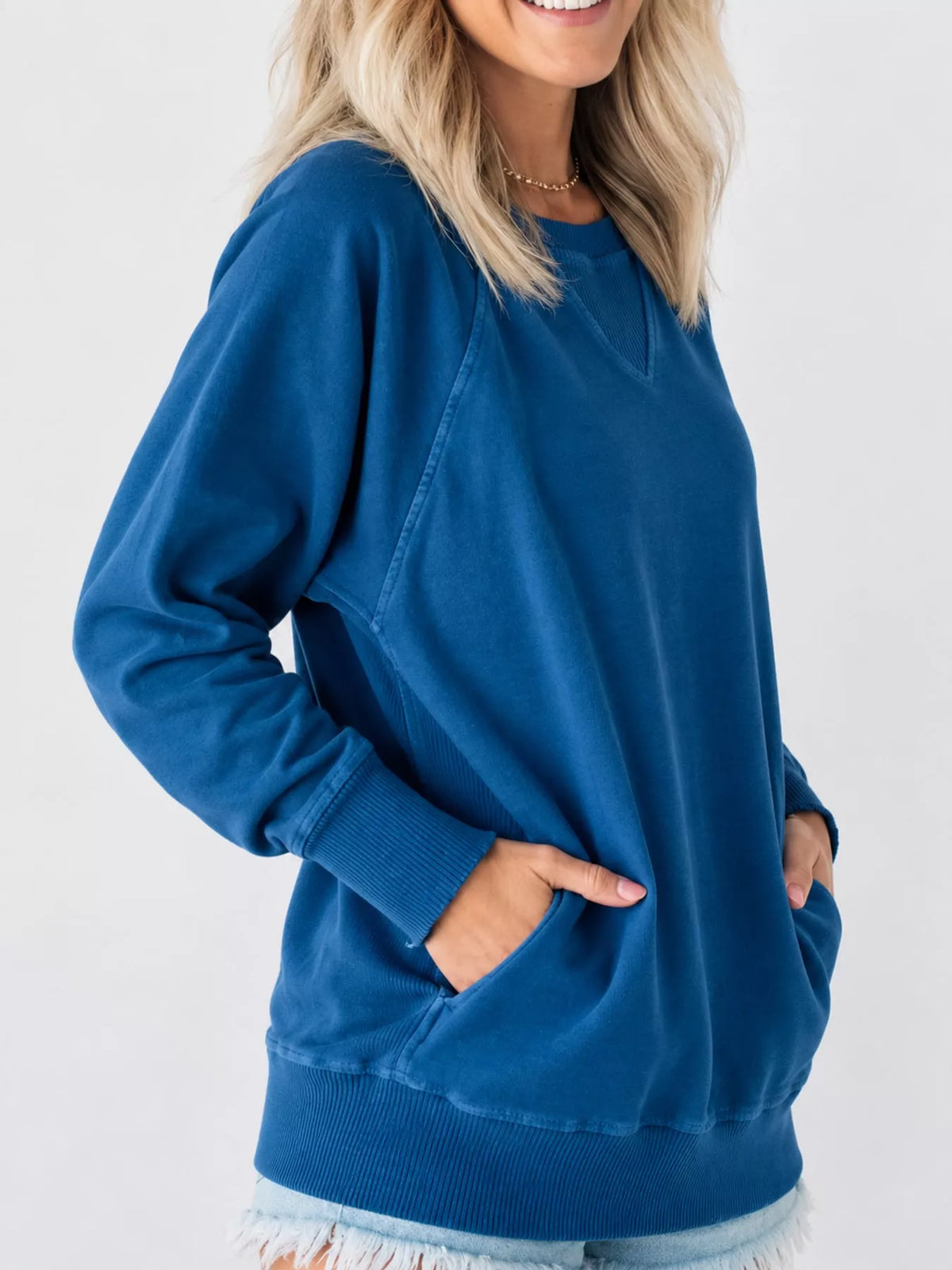 Crew Neck Raglan Sleeve Sweatshirt - Dark Blue - View 12