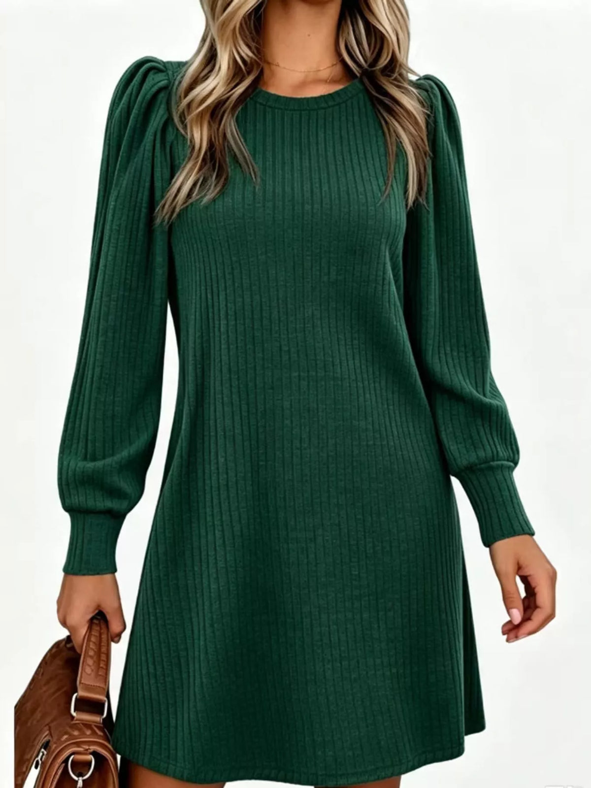 Puff Sleeve Ribbed Knit Dress with Pockets - Black Forest - View 6