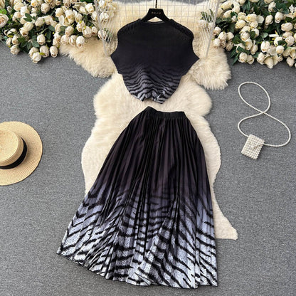 [EWQ] Elegant Short sleeved women's shirt+high waisted pleated skirt trend  2-piece set Summer vacation party clothing
