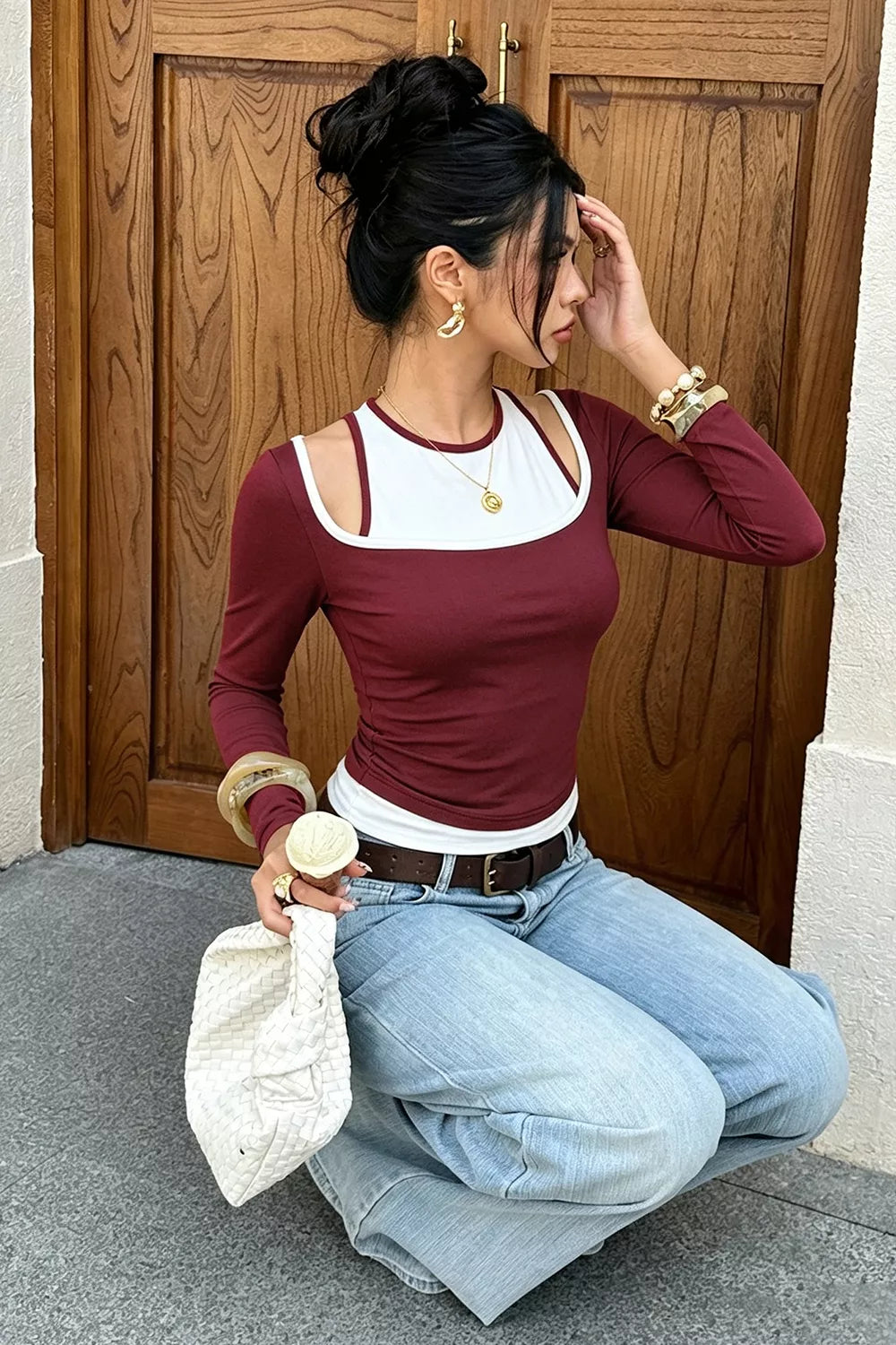 Color-Block Cutout Long Sleeve Slim Fit Top - Burgundy - View 4