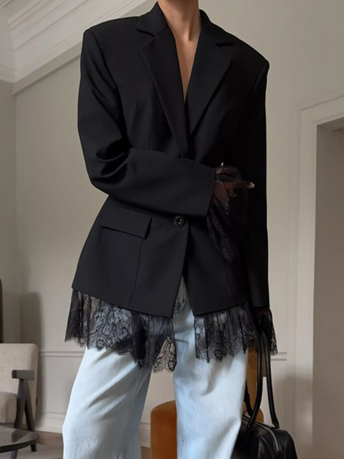 Lace Hem Lapel Collar Blazer - Black - View 7