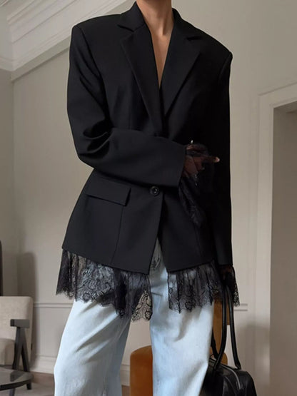 Lace Hem Lapel Collar Blazer - Black - View 7