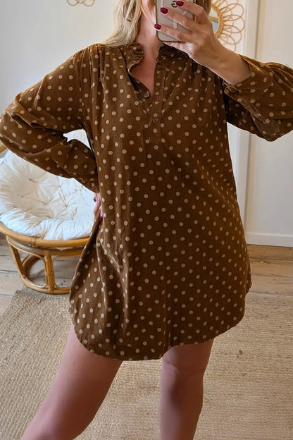 Polka Dot V Neck Long Sleeve Button Shift Dress - All Colors - View 1