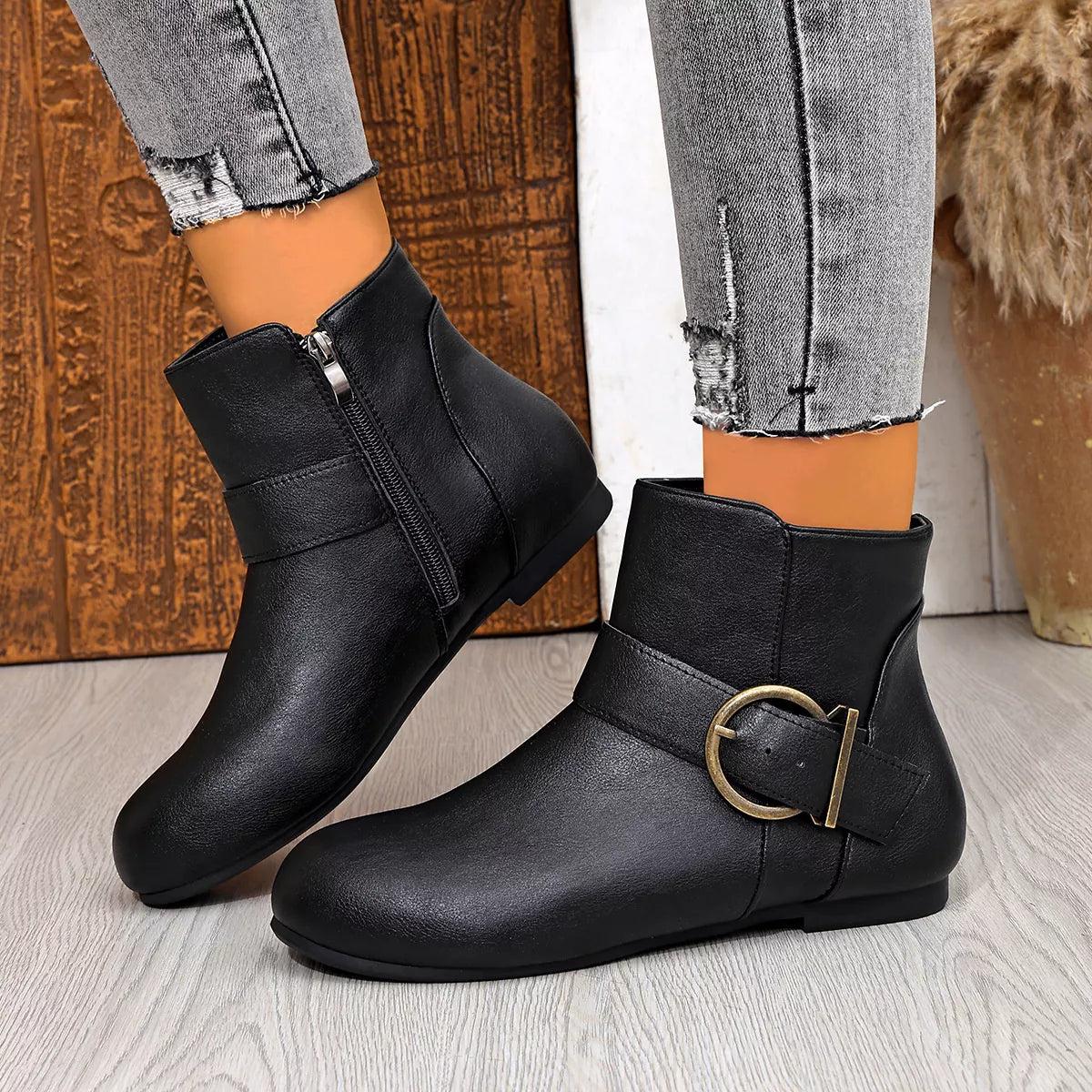Round Toe Ankle Boots - Black - View 3