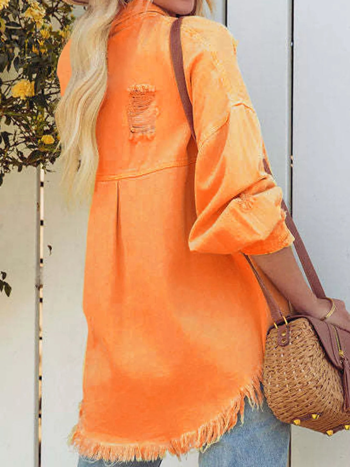 Distressed Raw Hem Denim Jacket - Orange - View 10