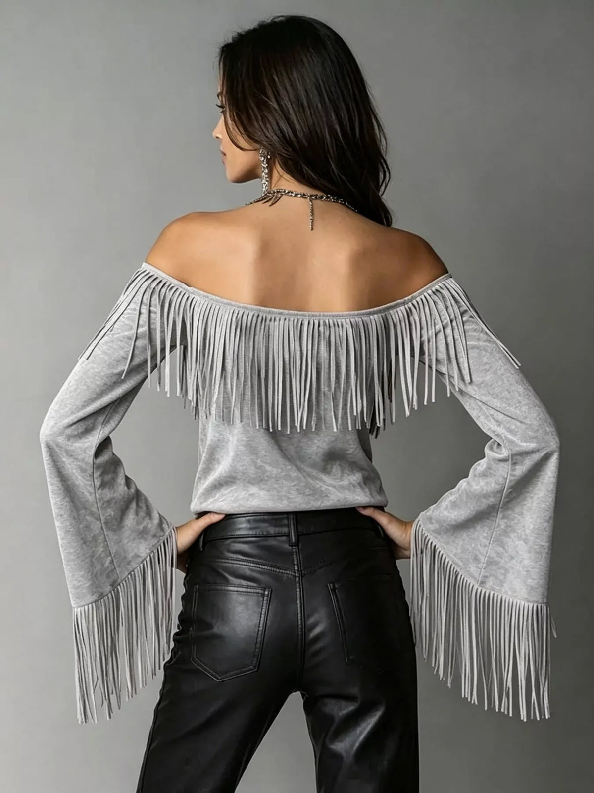 Full Size Fringed Off-Shoulder T-Shirt Plus Size - Gray - View 2