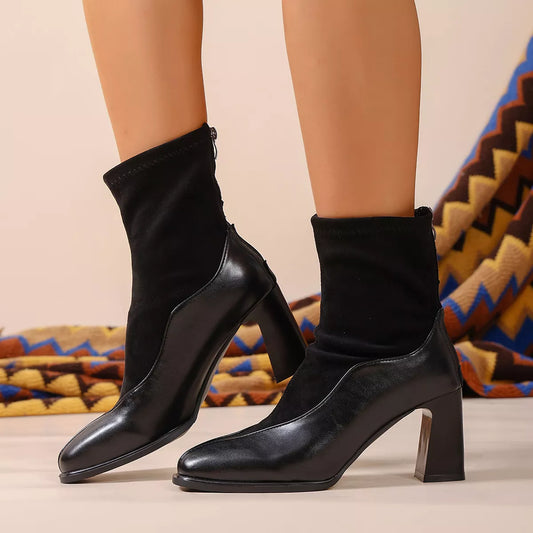Square Neck Block Heel Boots - Black - View 1