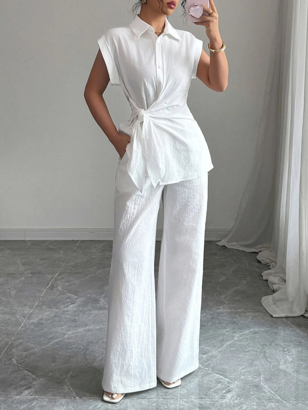 Collared Neck Cap Sleeve Top and Pants Set - Off-white - View 1
