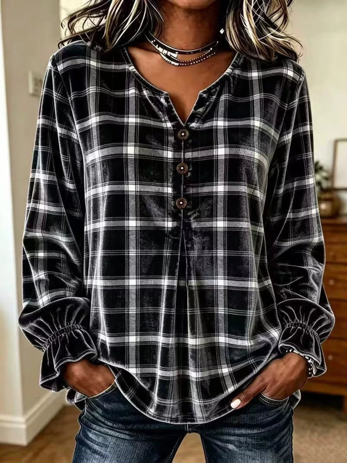 Full Size Plaid Velvet Flounce Sleeve Blouse Plus Size - Black - View 1