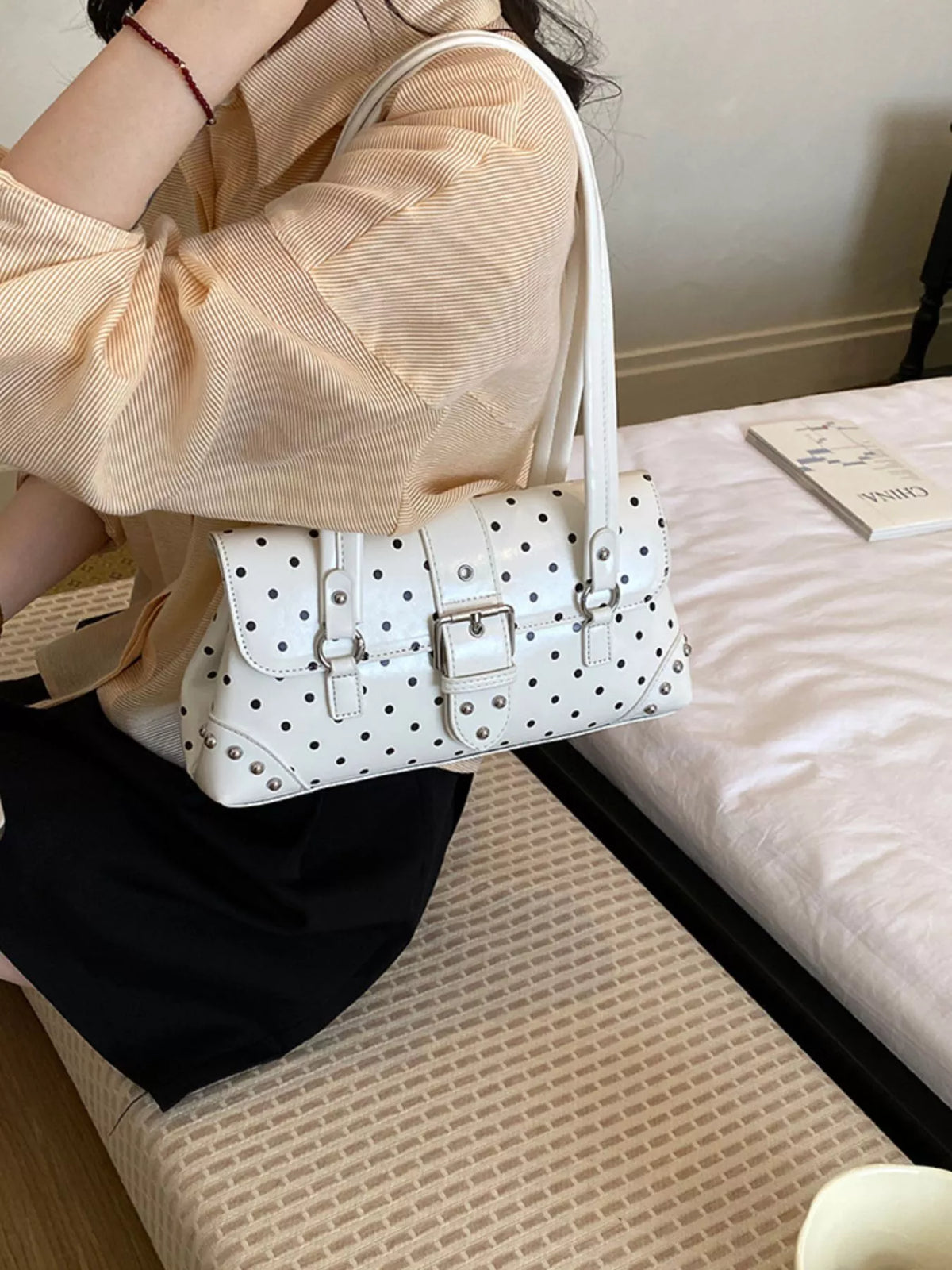 Polka Dot Studded Shoulder Bag - White - View 1