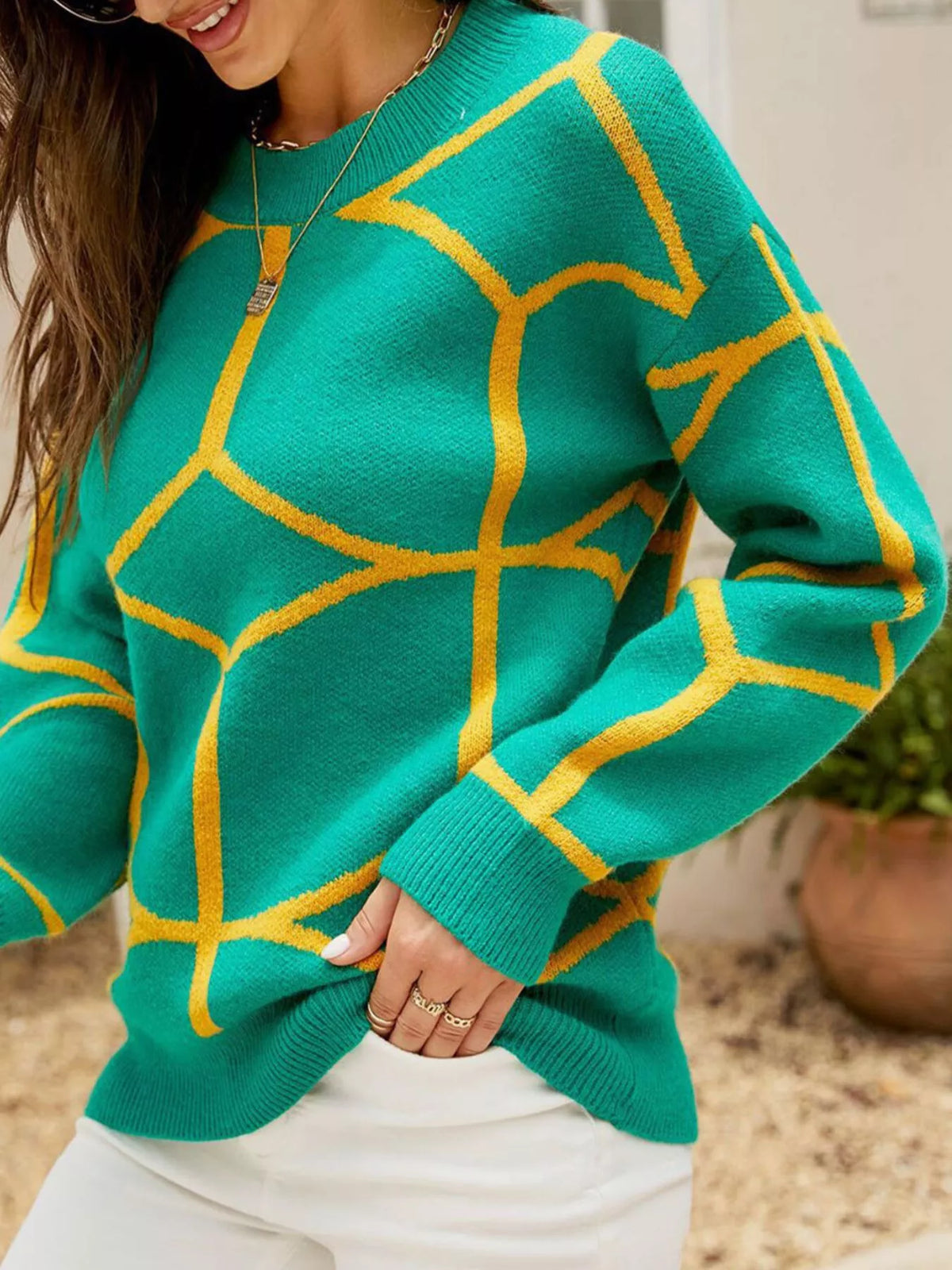 Geometric Pattern Crew Neck Sweater - Green - View 6