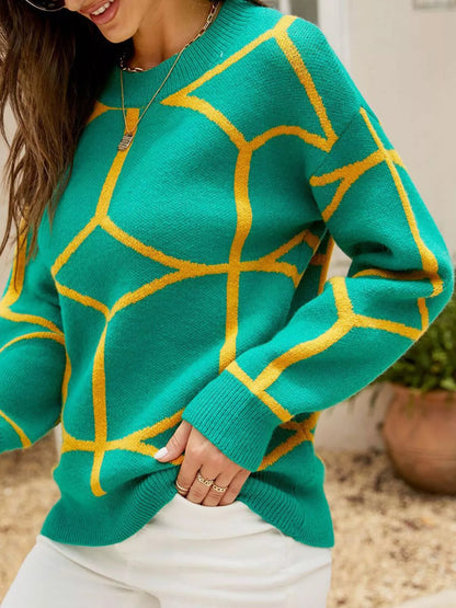 Geometric Pattern Crew Neck Sweater - Green - View 6