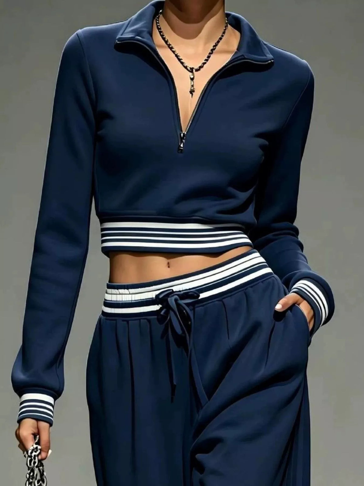 Full Size Half Zip Cropped Top and Pants Set Plus Size - Navy - View 3