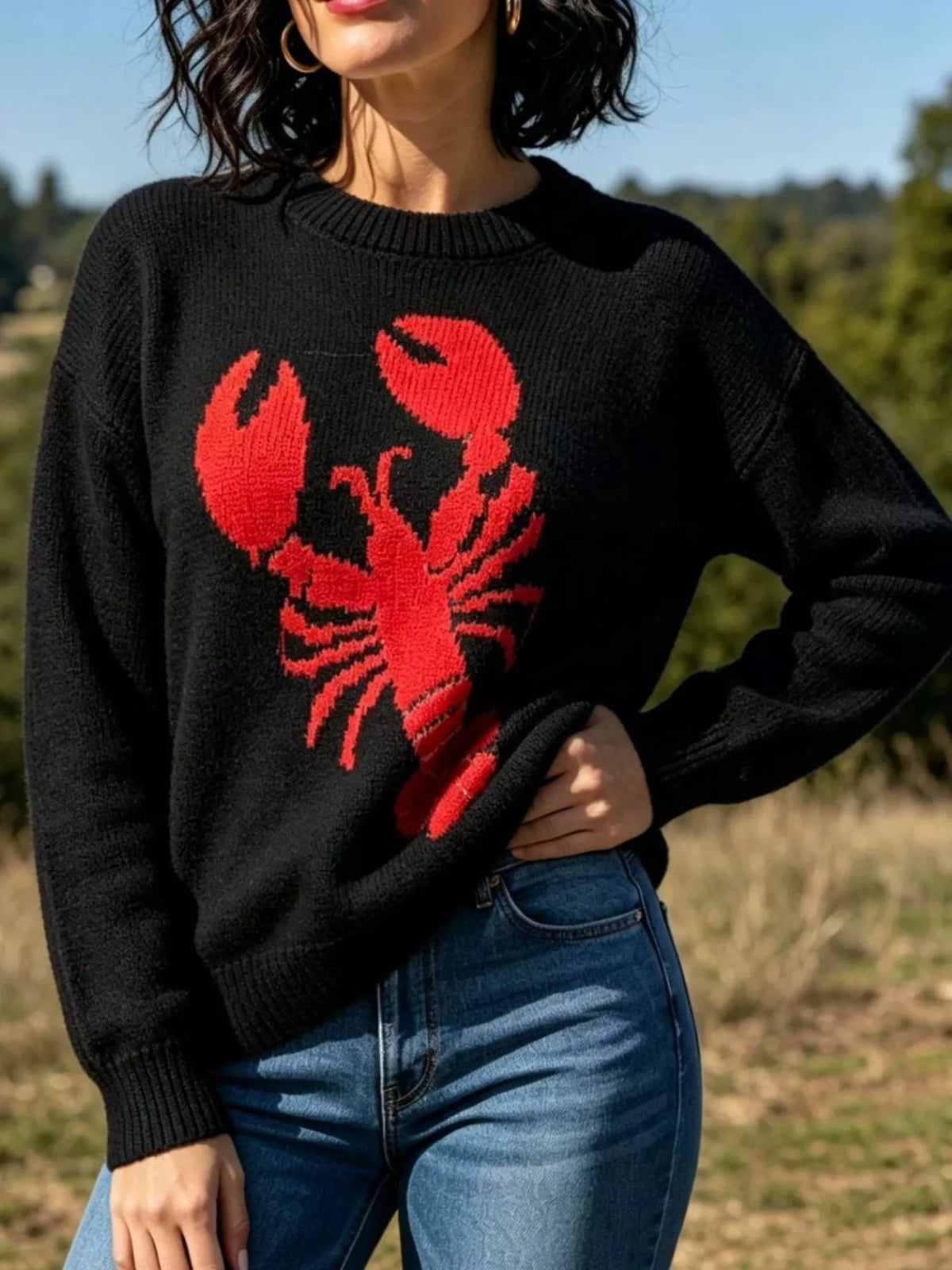 Lobster Graphic Crew Neck Sweater - Black - View 1